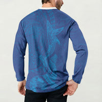 Hawaiian Monk Seal and Whale Button Sweatshirt Kakau Tribal Pattern Blue Color