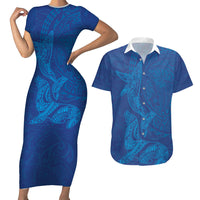 Hawaiian Monk Seal and Whale Couples Matching Short Sleeve Bodycon Dress and Hawaiian Shirt Kakau Tribal Pattern Blue Color LT03 Blue - Polynesian Pride