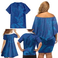 Hawaiian Monk Seal and Whale Family Matching Off Shoulder Short Dress and Hawaiian Shirt Kakau Tribal Pattern Blue Color LT03 - Polynesian Pride