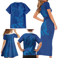 Hawaiian Monk Seal and Whale Family Matching Short Sleeve Bodycon Dress and Hawaiian Shirt Kakau Tribal Pattern Blue Color LT03 - Polynesian Pride