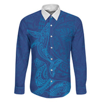 Hawaiian Monk Seal and Whale Family Matching Summer Maxi Dress and Hawaiian Shirt Kakau Tribal Pattern Blue Color LT03 Dad's Shirt - Long Sleeve Blue - Polynesian Pride