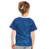 Hawaiian Monk Seal and Whale Kid T Shirt Kakau Tribal Pattern Blue Color