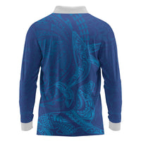 Hawaiian Monk Seal and Whale Long Sleeve Polo Shirt Kakau Tribal Pattern Blue Color