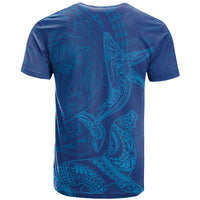 Hawaiian Monk Seal and Whale T Shirt Kakau Tribal Pattern Blue Color