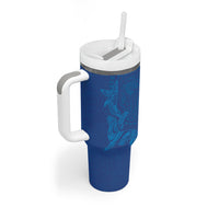Hawaiian Monk Seal and Whale Tumbler With Handle Kakau Tribal Pattern Blue Color