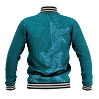 Hawaiian Monk Seal and Whale Baseball Jacket Kakau Tribal Pattern Teal Color