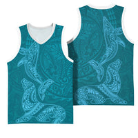 Hawaiian Monk Seal and Whale Basketball Jersey Kakau Tribal Pattern Teal Color