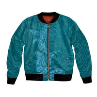 Hawaiian Monk Seal and Whale Bomber Jacket Kakau Tribal Pattern Teal Color