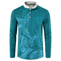 Hawaiian Monk Seal and Whale Button Sweatshirt Kakau Tribal Pattern Teal Color