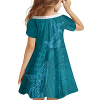 Hawaiian Monk Seal and Whale Family Matching Long Sleeve Bodycon Dress and Hawaiian Shirt Kakau Tribal Pattern Teal Color LT03 - Polynesian Pride
