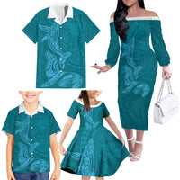 Hawaiian Monk Seal and Whale Family Matching Off The Shoulder Long Sleeve Dress and Hawaiian Shirt Kakau Tribal Pattern Teal Color LT03 - Polynesian Pride