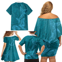 Hawaiian Monk Seal and Whale Family Matching Off Shoulder Short Dress and Hawaiian Shirt Kakau Tribal Pattern Teal Color LT03 - Polynesian Pride