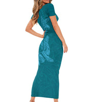 Hawaiian Monk Seal and Whale Family Matching Short Sleeve Bodycon Dress and Hawaiian Shirt Kakau Tribal Pattern Teal Color LT03 - Polynesian Pride