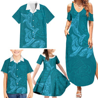 Hawaiian Monk Seal and Whale Family Matching Summer Maxi Dress and Hawaiian Shirt Kakau Tribal Pattern Teal Color LT03 - Polynesian Pride