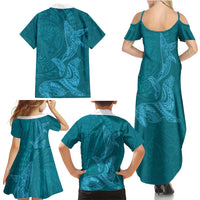 Hawaiian Monk Seal and Whale Family Matching Summer Maxi Dress and Hawaiian Shirt Kakau Tribal Pattern Teal Color LT03 - Polynesian Pride
