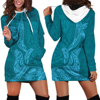 Hawaiian Monk Seal and Whale Hoodie Dress Kakau Tribal Pattern Teal Color