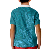 Hawaiian Monk Seal and Whale Kid Polo Shirt Kakau Tribal Pattern Teal Color