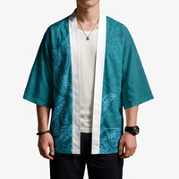 Hawaiian Monk Seal and Whale Kimono Kakau Tribal Pattern Teal Color