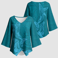 Hawaiian Monk Seal and Whale Kimono Sleeve Blouse Kakau Tribal Pattern Teal Color