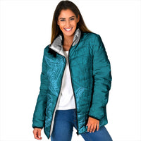 Hawaiian Monk Seal and Whale Padded Jacket Kakau Tribal Pattern Teal Color