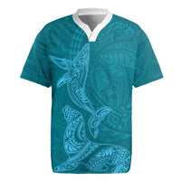 Hawaiian Monk Seal and Whale Rugby Jersey Kakau Tribal Pattern Teal Color
