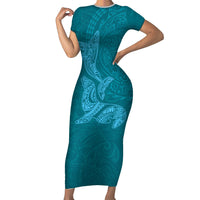 Hawaiian Monk Seal and Whale Short Sleeve Bodycon Dress Kakau Tribal Pattern Teal Color