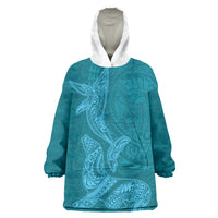 Hawaiian Monk Seal and Whale Wearable Blanket Hoodie Kakau Tribal Pattern Teal Color LT03 One Size Teal - Polynesian Pride