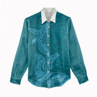 Hawaiian Monk Seal and Whale Women Casual Shirt Kakau Tribal Pattern Teal Color