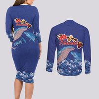 Hawaiian Sea Animals Couples Matching Long Sleeve Bodycon Dress and Long Sleeve Button Shirt Whales Shark and Turtle Guardians with Tribal Pattern LT03 - Polynesian Pride