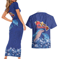 Hawaiian Sea Animals Couples Matching Short Sleeve Bodycon Dress and Hawaiian Shirt Whales Shark and Turtle Guardians with Tribal Pattern LT03 - Polynesian Pride