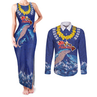 Hawaiian Sea Animals Couples Matching Tank Maxi Dress and Long Sleeve Button Shirt Whales Shark and Turtle Guardians with Tribal Pattern