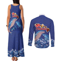 Hawaiian Sea Animals Couples Matching Tank Maxi Dress and Long Sleeve Button Shirt Whales Shark and Turtle Guardians with Tribal Pattern