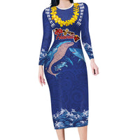 Hawaiian Sea Animals Family Matching Long Sleeve Bodycon Dress and Hawaiian Shirt Whales Shark and Turtle Guardians with Tribal Pattern LT03 Mom's Dress Blue - Polynesian Pride