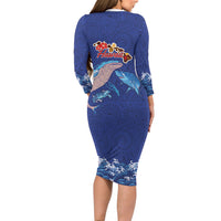 Hawaiian Sea Animals Family Matching Long Sleeve Bodycon Dress and Hawaiian Shirt Whales Shark and Turtle Guardians with Tribal Pattern LT03 - Polynesian Pride