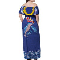 Hawaiian Sea Animals Off Shoulder Maxi Dress Whales Shark and Turtle Guardians with Tribal Pattern