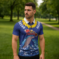 Hawaiian Sea Animals Zipper Polo Shirt Whales Shark and Turtle Guardians with Tribal Pattern
