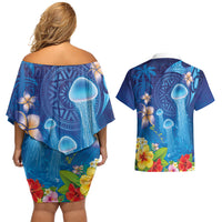 Fiji Jellyfish Couples Matching Off Shoulder Short Dress and Hawaiian Shirt Tapa Patterns and Hibiscus Sea Vibe