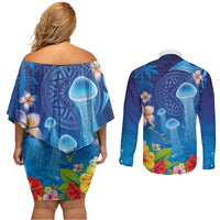 Fiji Jellyfish Couples Matching Off Shoulder Short Dress and Long Sleeve Button Shirt Tapa Patterns and Hibiscus Sea Vibe