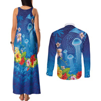 Fiji Jellyfish Couples Matching Tank Maxi Dress and Long Sleeve Button Shirt Tapa Patterns and Hibiscus Sea Vibe