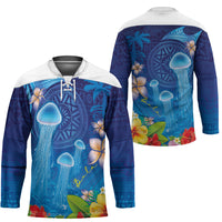 Fiji Jellyfish Hockey Jersey Tapa Patterns and Hibiscus Sea Vibe