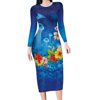 Fiji Jellyfish Long Sleeve Bodycon Dress Tapa Patterns and Hibiscus Sea Vibe