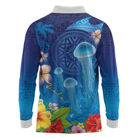 Fiji Jellyfish Long Sleeve Polo Shirt Tapa Patterns and Hibiscus Sea Vibe