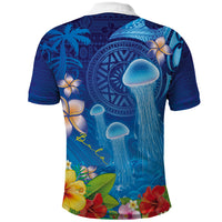 Fiji Jellyfish Polo Shirt Tapa Patterns and Hibiscus Sea Vibe