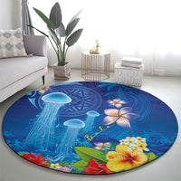 Fiji Jellyfish Round Carpet Tapa Patterns and Hibiscus Sea Vibe