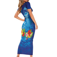 Fiji Jellyfish Short Sleeve Bodycon Dress Tapa Patterns and Hibiscus Sea Vibe