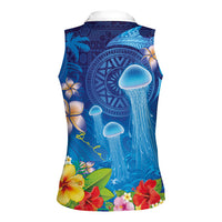 Fiji Jellyfish Women Sleeveless Polo Shirt Tapa Patterns and Hibiscus Sea Vibe