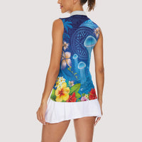 Fiji Jellyfish Women Sleeveless Polo Shirt Tapa Patterns and Hibiscus Sea Vibe