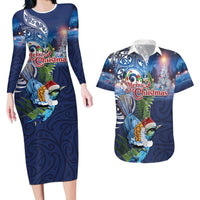 New Zealand Merry Christmas Couples Matching Long Sleeve Bodycon Dress and Hawaiian Shirt Maori Tribal Pattern with Xmas Tui Bird LT03 Multicolor - Polynesian Pride