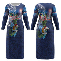 New Zealand Merry Christmas Couples Matching Long Sleeve Bodycon Dress and Hawaiian Shirt Maori Tribal Pattern with Xmas Tui Bird LT03 - Polynesian Pride