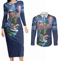 New Zealand Merry Christmas Couples Matching Long Sleeve Bodycon Dress and Long Sleeve Button Shirt Maori Tribal Pattern with Xmas Tui Bird LT03 Multicolor - Polynesian Pride